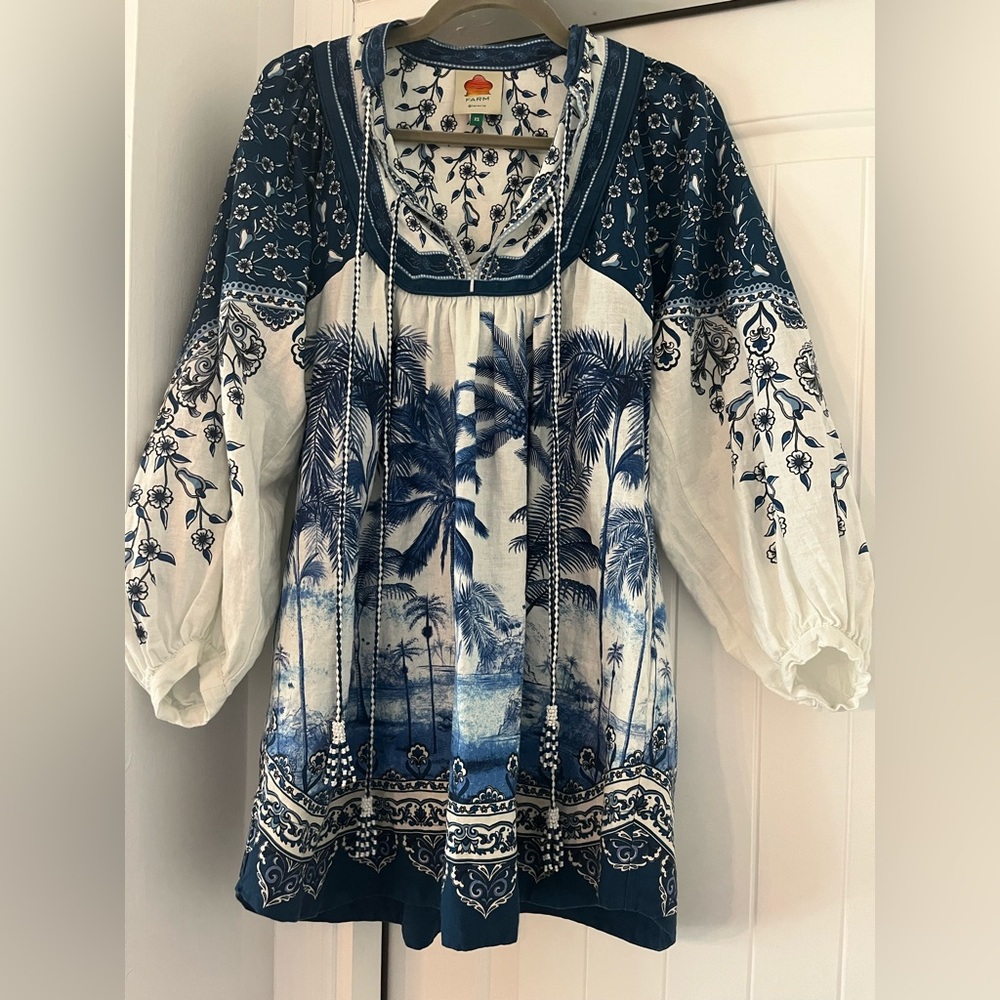 Farm Rio blue and white tropical print dress